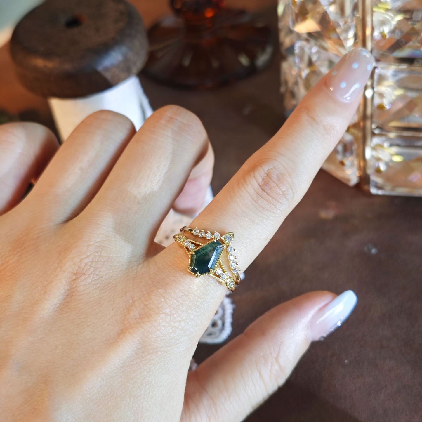 Natural green moss stone stacked ring female S925 silver niche high-end sense