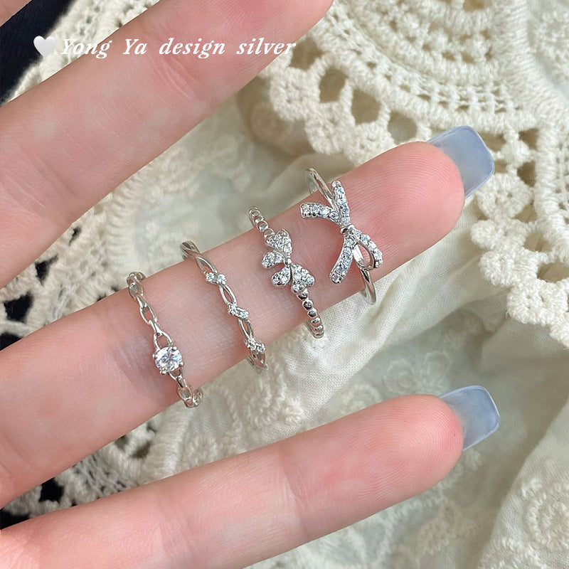 S925 sterling silver S999 foot silver bow zircon ring atmosphere sweet Korean style exquisite simple jewelry hair