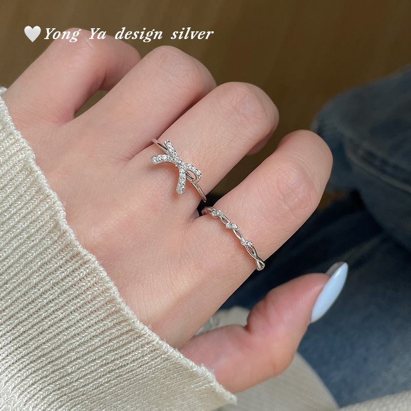 S925 sterling silver S999 foot silver bow zircon ring atmosphere sweet Korean style exquisite simple jewelry hair