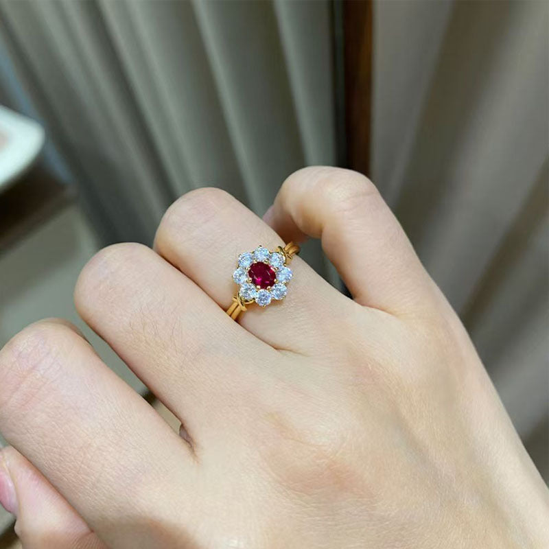 Retro ruby circumference diamond ring women's light luxury 925 silver-plated pigeon blood red simulation diamond ring high-end jewelry