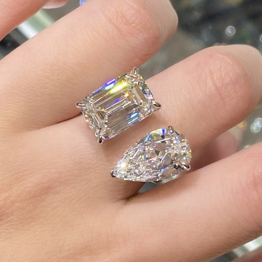 S925 silver twin stone pear-shaped water drop large sugar cube open ring niche design light luxury elegant ring