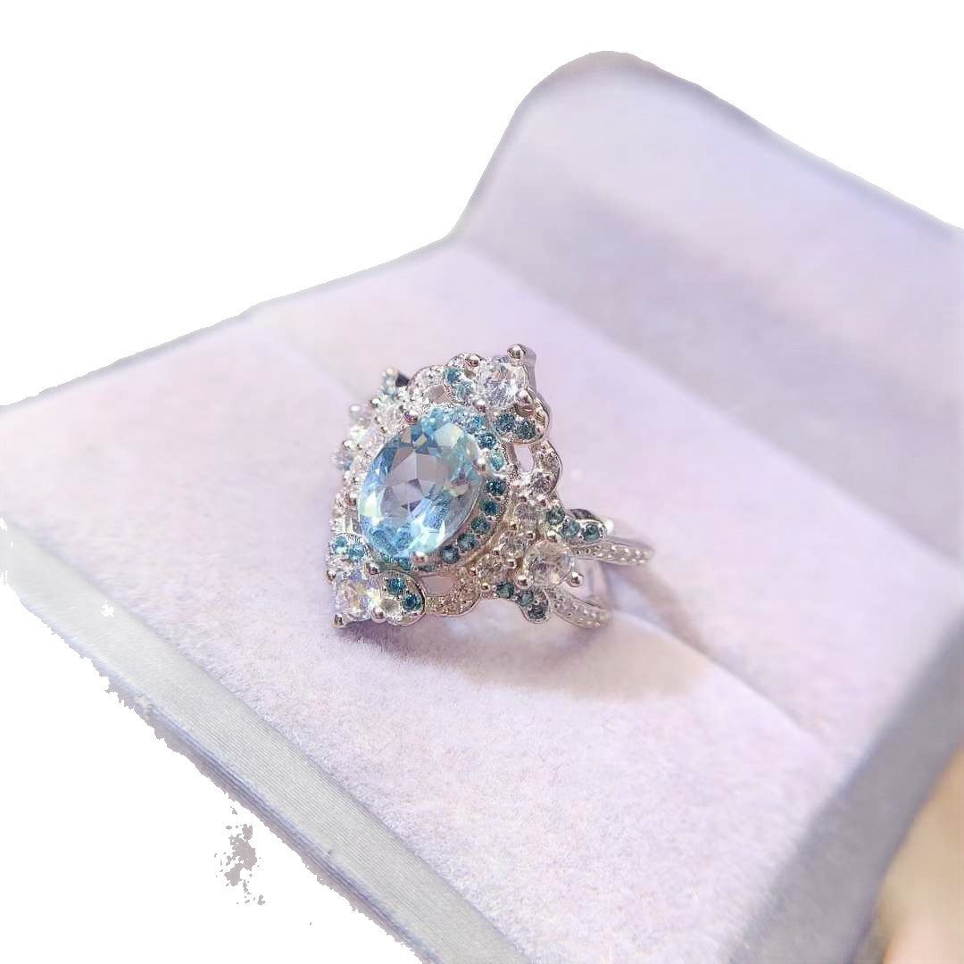 Natural Aquamarine Ring S925 Silver Inlaid Light Luxury Premium Design High Clarity Luxury Gifts for Important Occasions