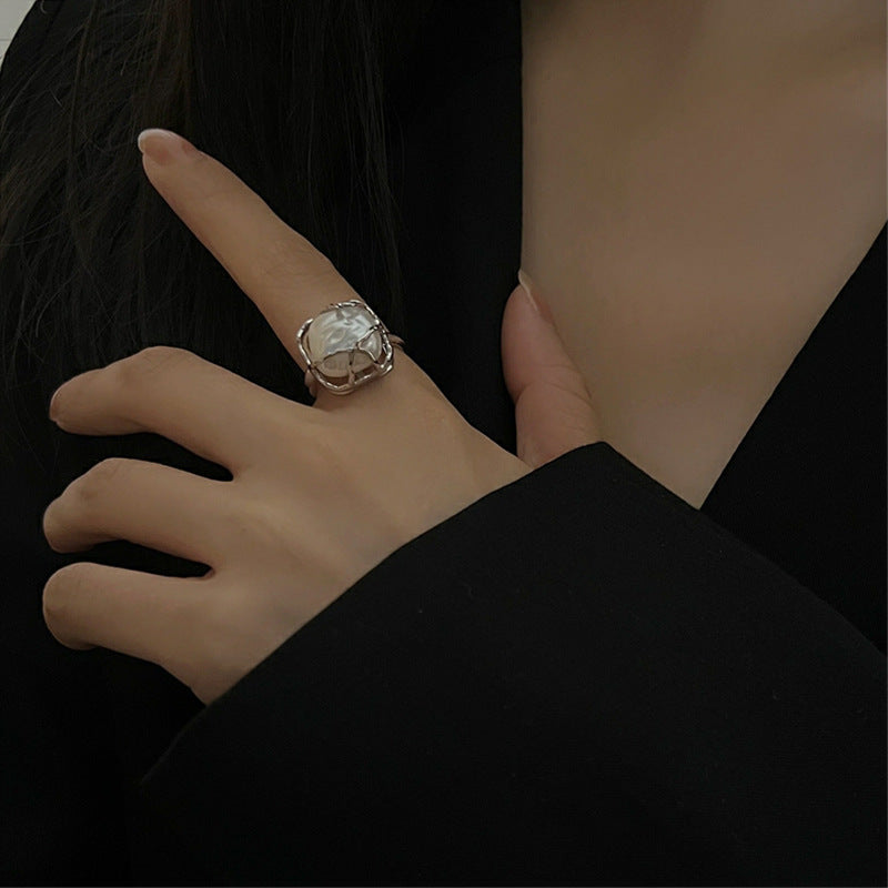 Niche Design Light Luxury S925 Sterling Silver Ring Female Baroque Pearl Square Open Ring Jewelry