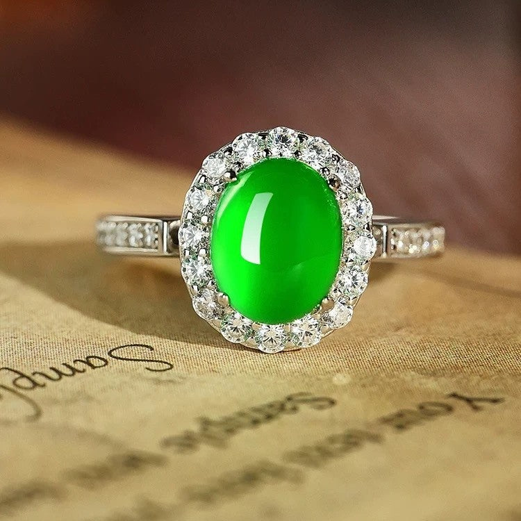 Natural chalcedony ring female yang green egg surface plated with 925 sterling silver ring green agate comparable to jadeite adjustable jewelry