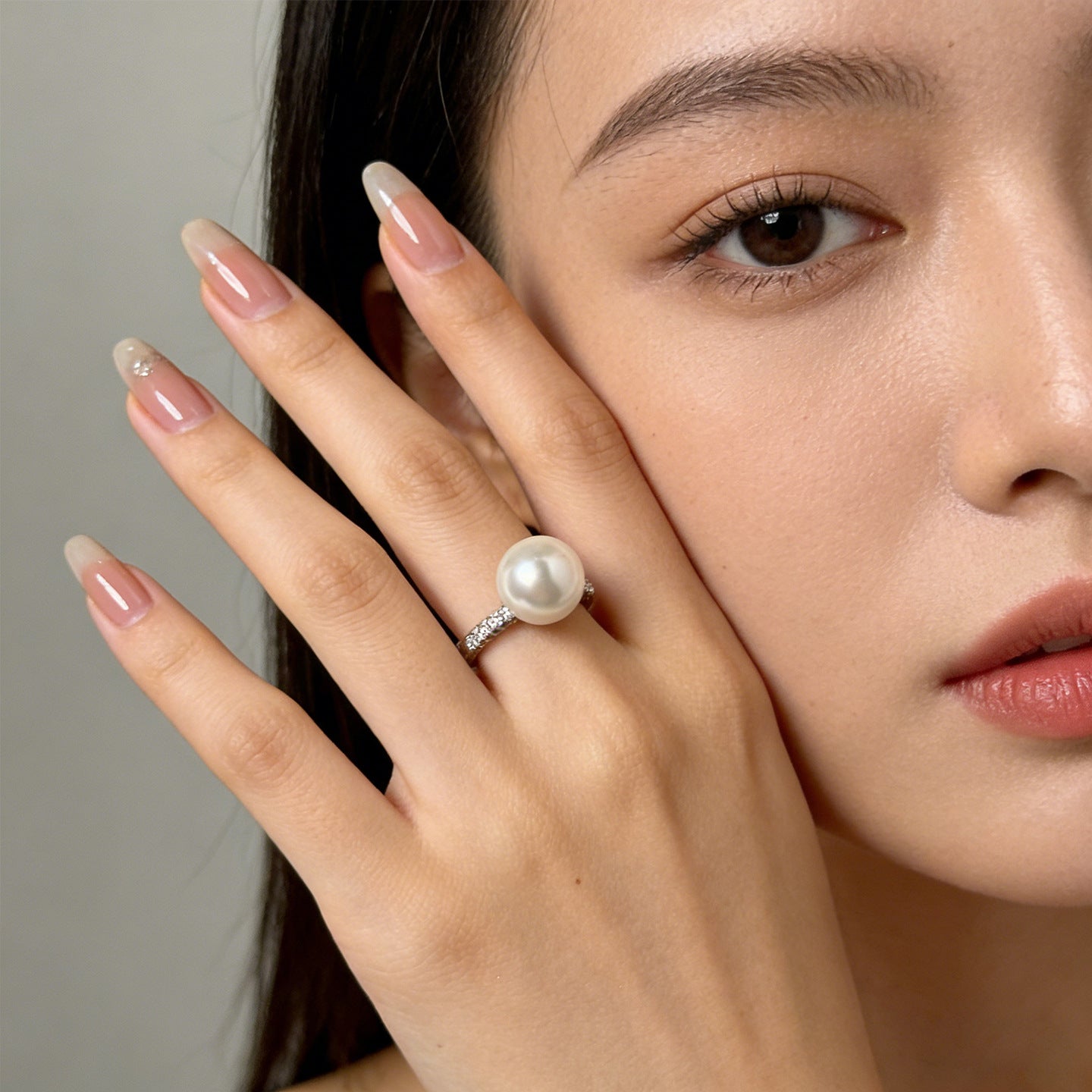 Pearl Ring S925 Sterling Silver Ring Women's Personality Niche Inlaid Zircon Open Live Buckle Seiko Versatile Premium Sense