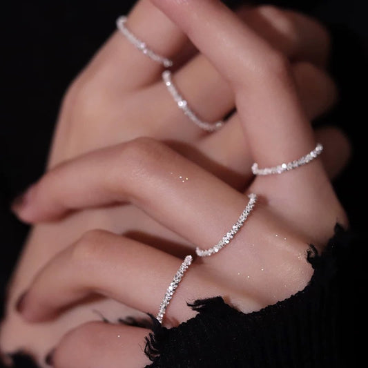 S925 Sterling Silver Sparkling Ring Shiny Closed Gypsy Star Broken Silver Diamond Ring Plain Ring Stacked