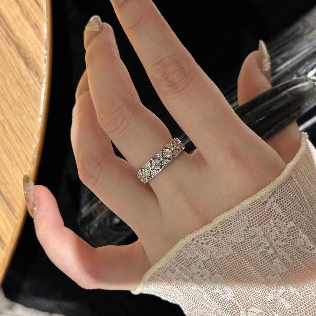S925 sterling silver light luxury diamond lace engraved hollow diamond ring geometric rhombus high carbon diamond ring women's exquisite