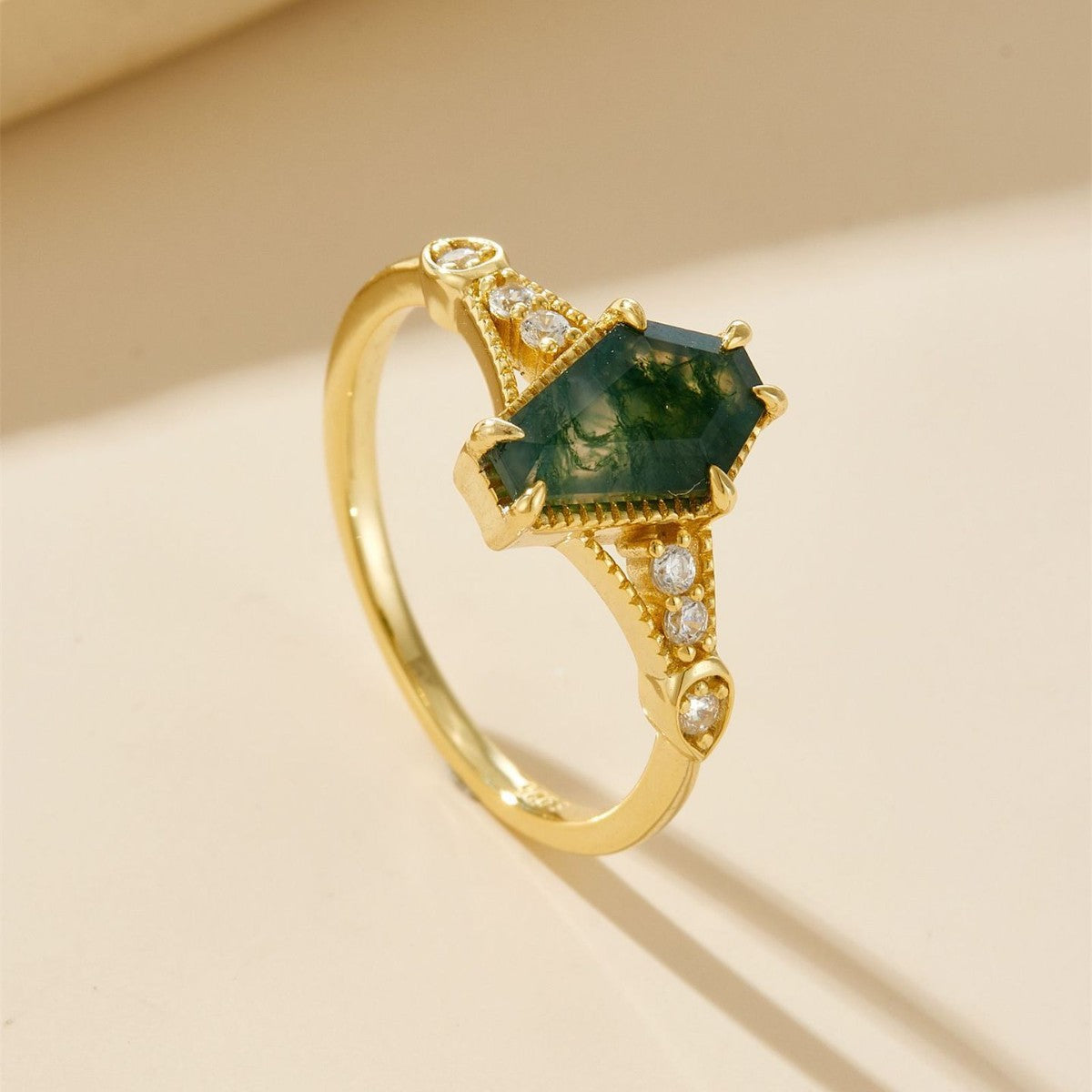 Natural green moss stone stacked ring female S925 silver niche high-end sense