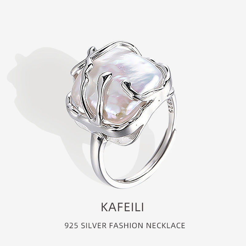 Niche Design Light Luxury S925 Sterling Silver Ring Female Baroque Pearl Square Open Ring Jewelry