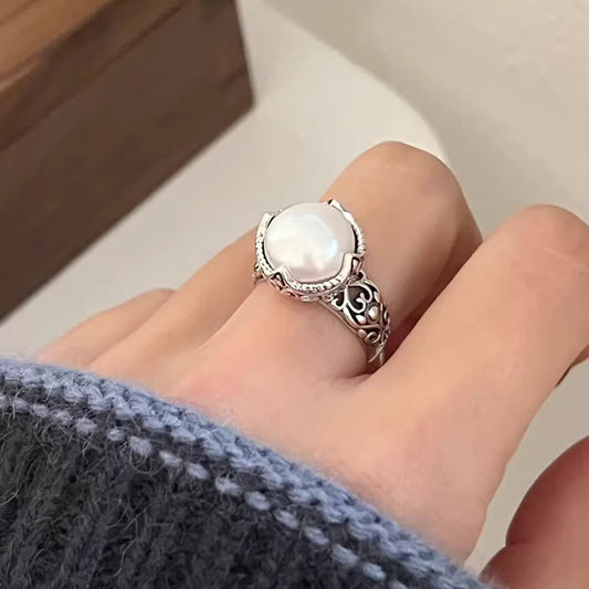 S925 silver engraved hollow pearl ring women's fashion retro old temperament cold wind ring