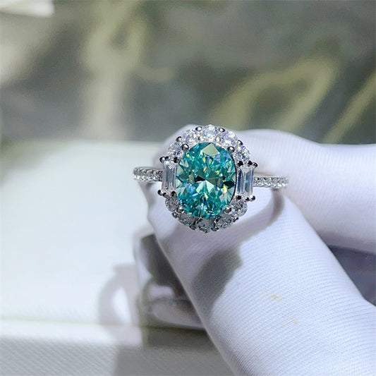 Paraiba green moissanite ring female Princess Diana S925 silver design sense European and American fashion temperament color Mozambican