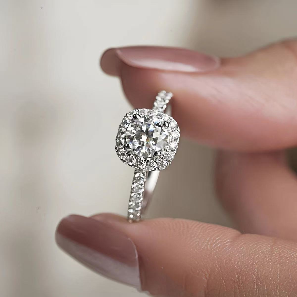 Imitation S925 silver square bag ring, high-end moissanite diamond ring, light luxury