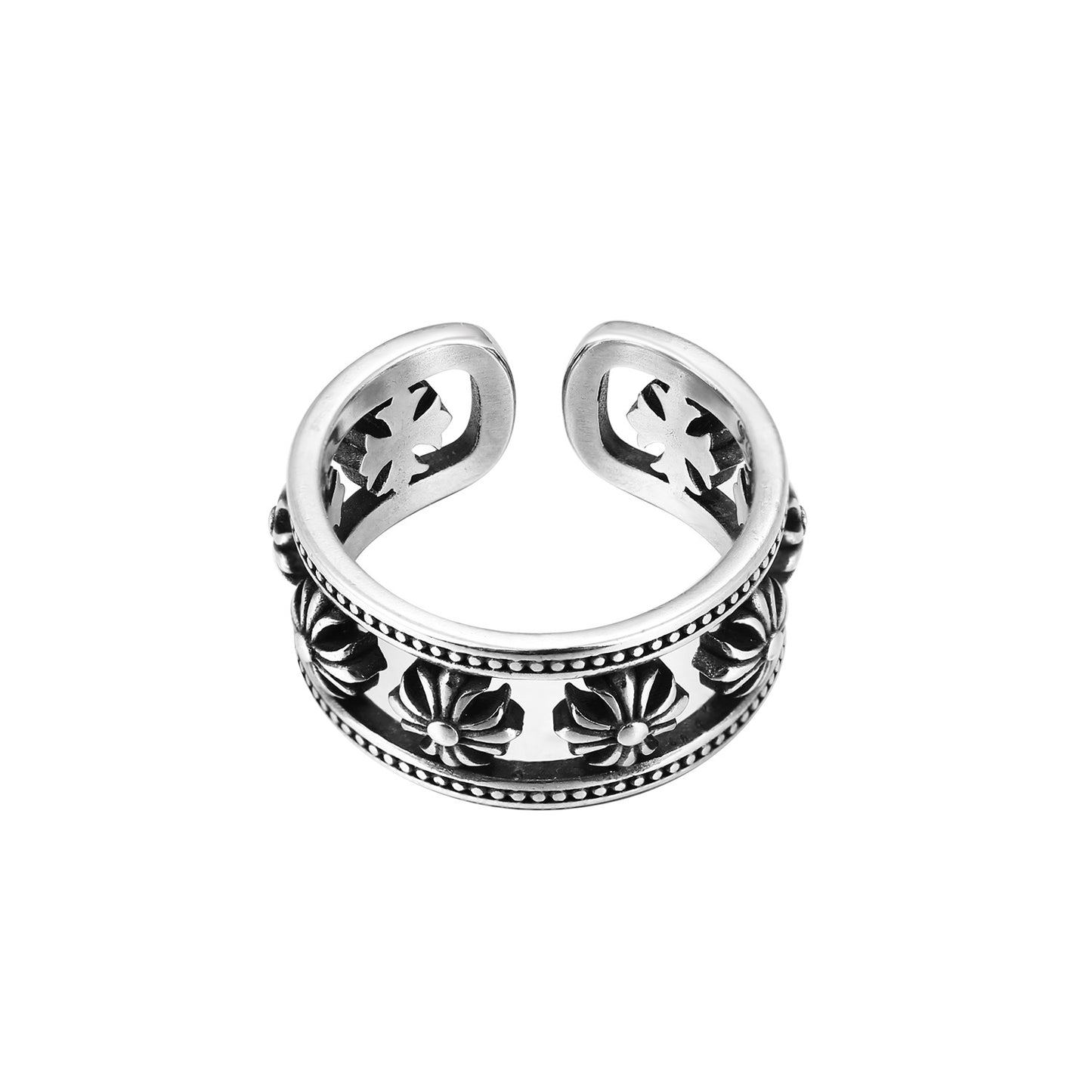 CH Classic Gram Heart Cross Open Ring S925 Sterling Silver Male and Female Couples Retro Fashion Thick Ring
