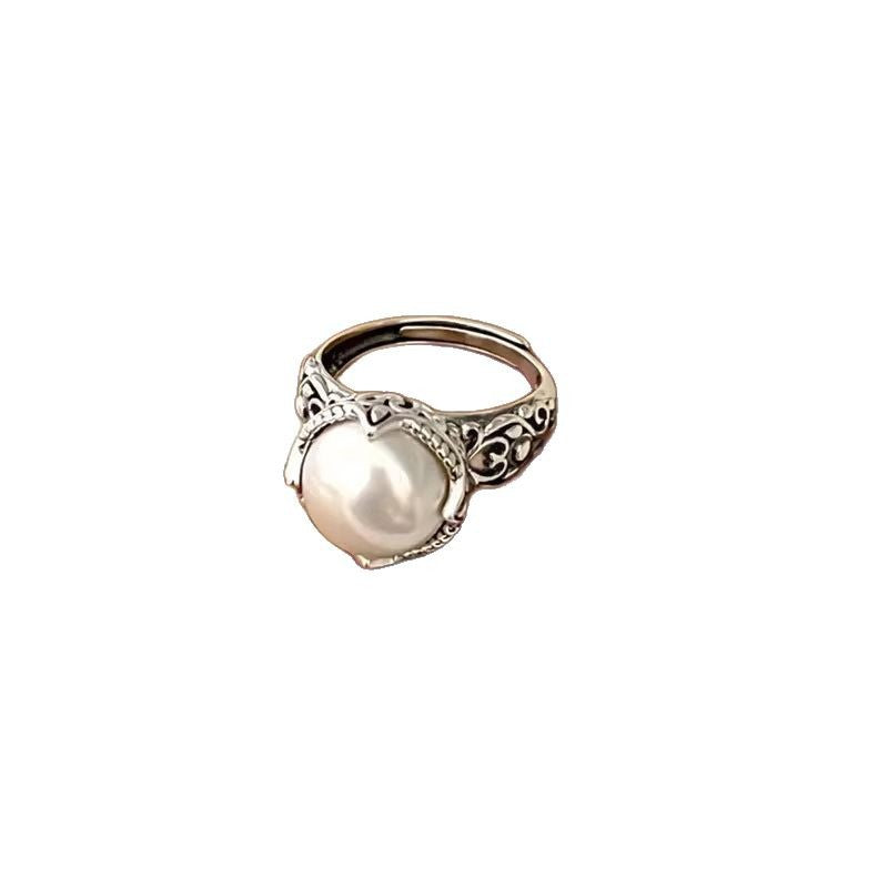 S925 silver engraved hollow pearl ring women's fashion retro old temperament cold wind ring