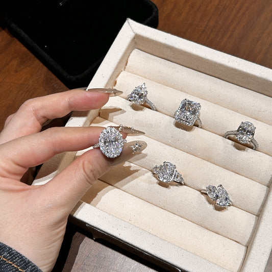 S925 Sterling Silver 8A High Carbon Diamond Rectangular Triangular Denier Cut Luxury Group Ring