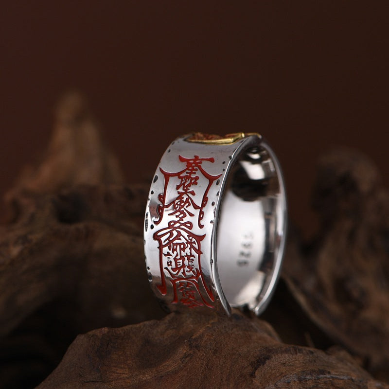 Golden Deer King S925 Silver Retro Old Safe Body Protection Gold Cinnabar Tianshi Wide Open Ring Men's Jewelry
