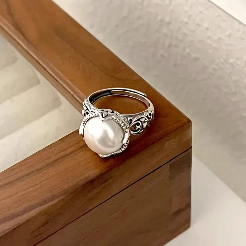 S925 silver engraved hollow pearl ring women's fashion retro old temperament cold wind ring