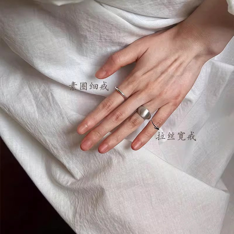 S925 Sterling Silver Brushed Matte Plain Ring Women's Niche Design Stacked Index Finger Ring Cold Wind Premium Ring