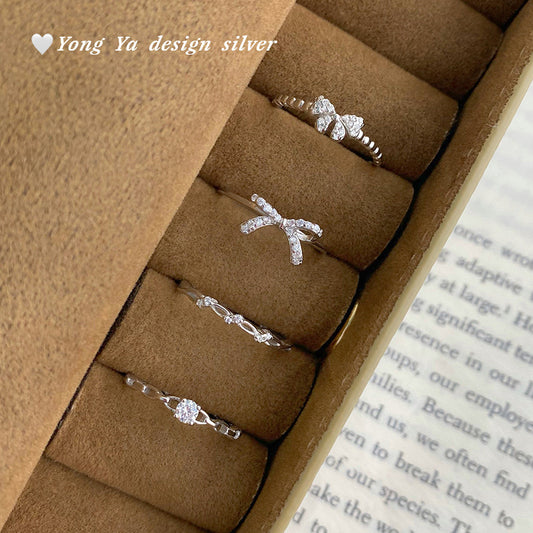 S925 sterling silver S999 foot silver bow zircon ring atmosphere sweet Korean style exquisite simple jewelry hair
