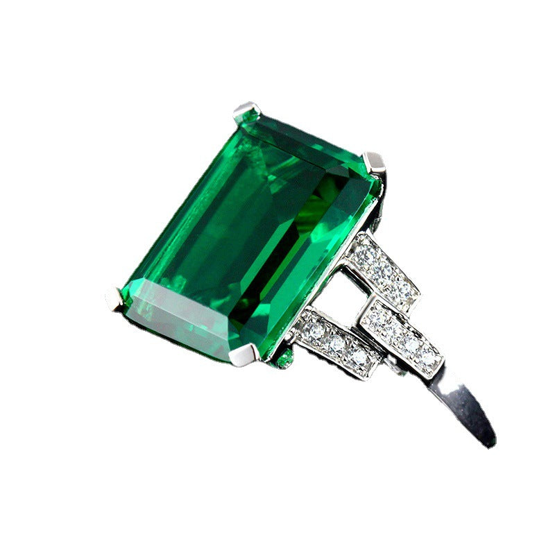 Emerald Ring Plated 925 Silver Colored Treasure Carat Square Colored Gemstone Tourmaline Ring Plated 18K White Gold Women's Ring