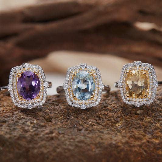 S925 Sterling Silver 18K Gold Natural Gemstone Ring Light Luxury Index Finger Ring Energy Jewelry Women