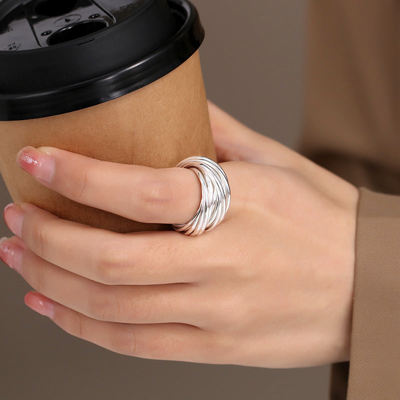 925 silver fashion 21 ring plain ring silver silk ring women's ins style light luxury high-end niche ring new product