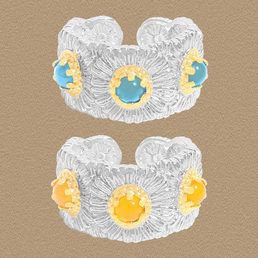 1928 blue and yellow agate daisy ring for women's high sense S925 sterling silver ins niche two-color silver ring