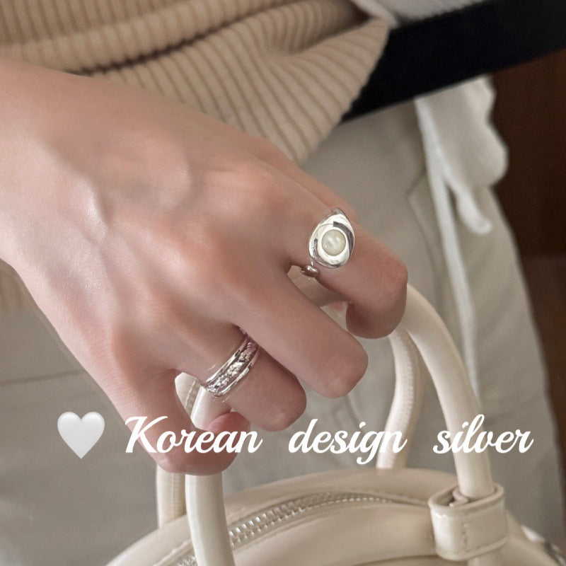 Korean niche design silver jewelry S925 sterling silver temperament white fritillary open ring high-end stacking
